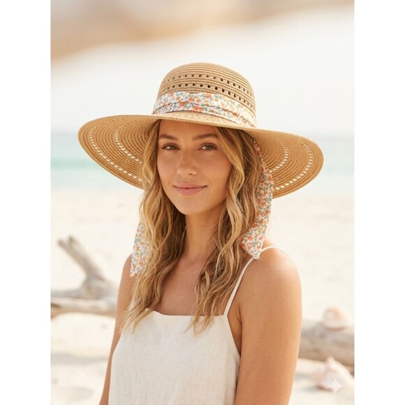 Marcus Adler Accessories - Marcus Adler NY Wide Brim Straw Sun Hat with Floral Scarf Band